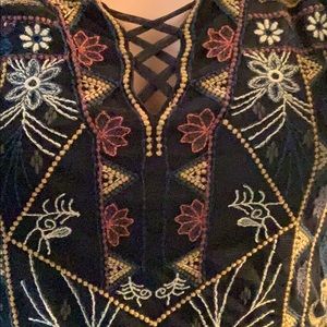 Embroidered mesh overlay top